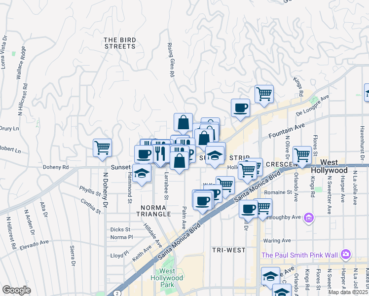 map of restaurants, bars, coffee shops, grocery stores, and more near 8780 Shoreham Drive in West Hollywood