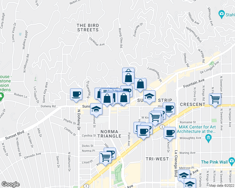 map of restaurants, bars, coffee shops, grocery stores, and more near 1136 Larrabee Street in West Hollywood