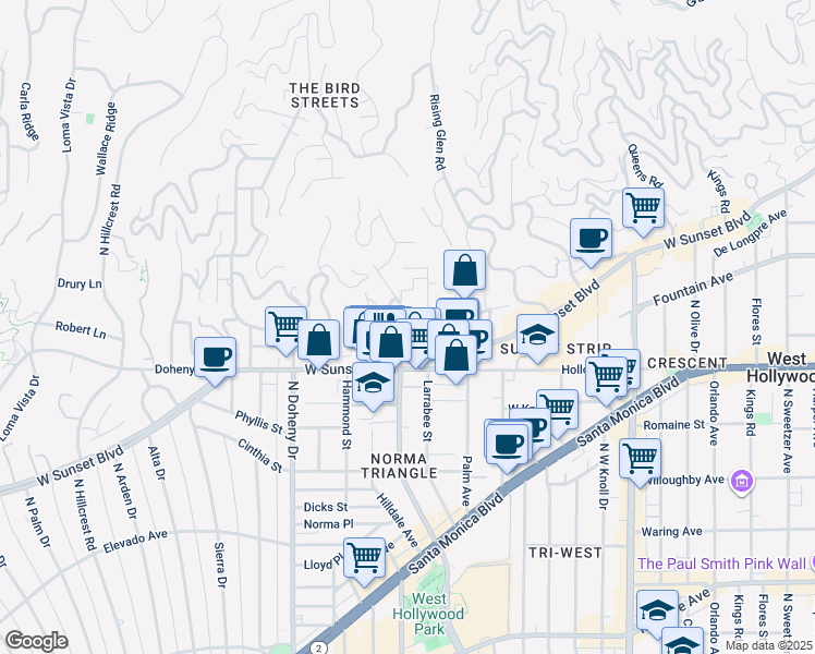 map of restaurants, bars, coffee shops, grocery stores, and more near 1147 North Clark Street in West Hollywood