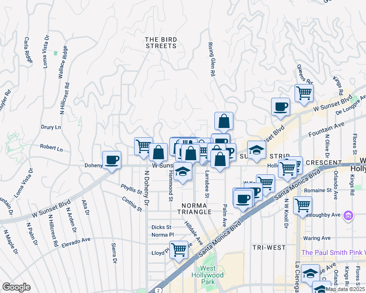 map of restaurants, bars, coffee shops, grocery stores, and more near 1147 North Clark Street in West Hollywood
