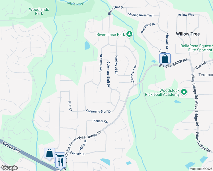 map of restaurants, bars, coffee shops, grocery stores, and more near 217 Colemans Bluff Drive in Woodstock