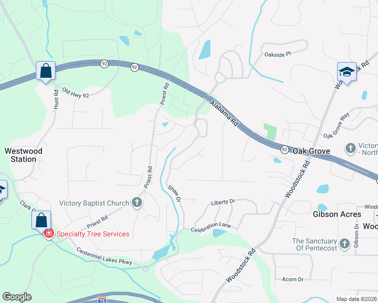 map of restaurants, bars, coffee shops, grocery stores, and more near 224 Shaw Drive in Acworth