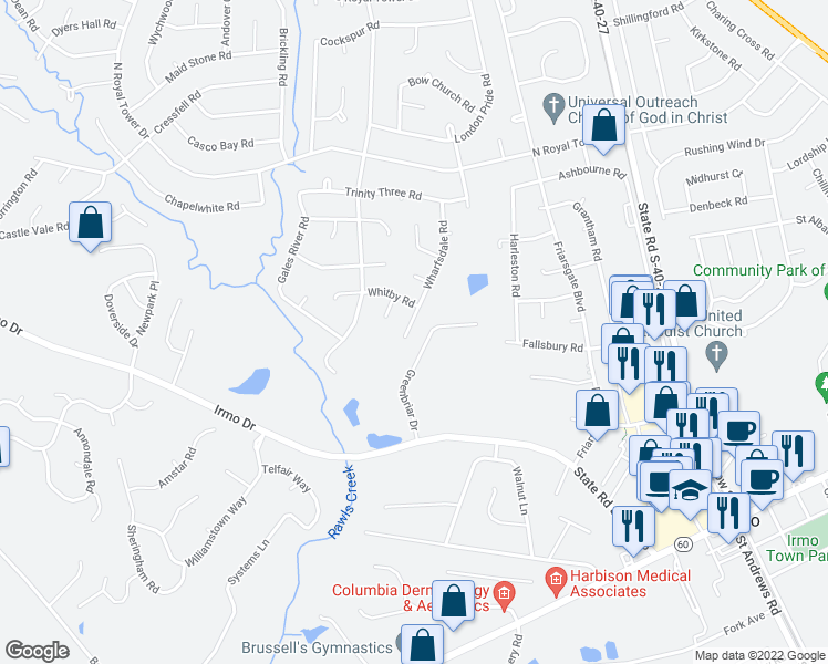 map of restaurants, bars, coffee shops, grocery stores, and more near 382 Wharfsdale Road in Irmo