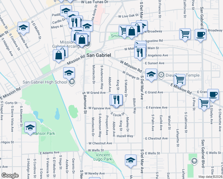 map of restaurants, bars, coffee shops, grocery stores, and more near 850 Abbot Avenue in San Gabriel