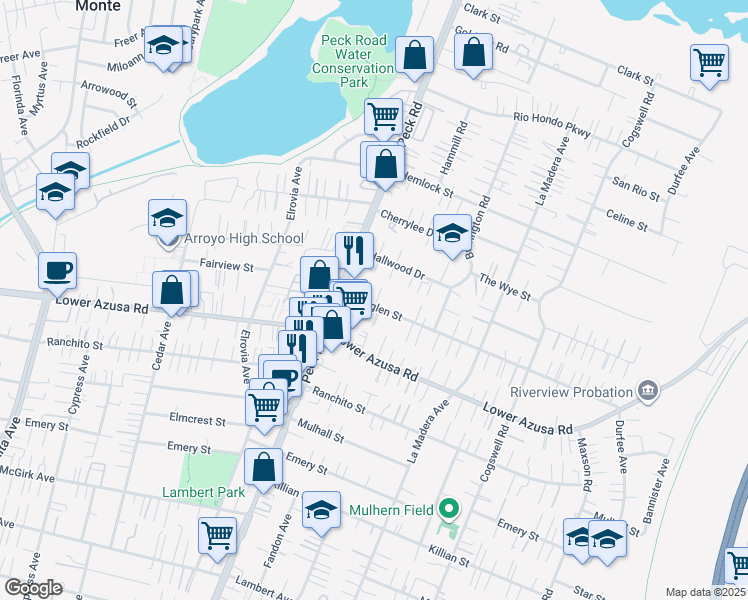 map of restaurants, bars, coffee shops, grocery stores, and more near 11641 Roseglen Street in El Monte