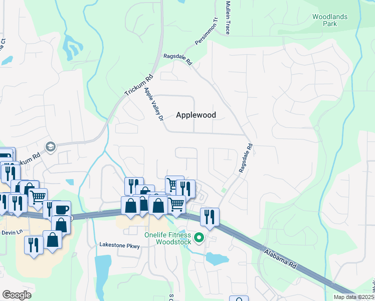 map of restaurants, bars, coffee shops, grocery stores, and more near 231 Weatherstone Drive in Woodstock