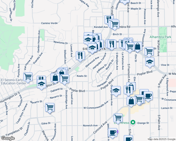 map of restaurants, bars, coffee shops, grocery stores, and more near 73 Westmont Drive in Alhambra