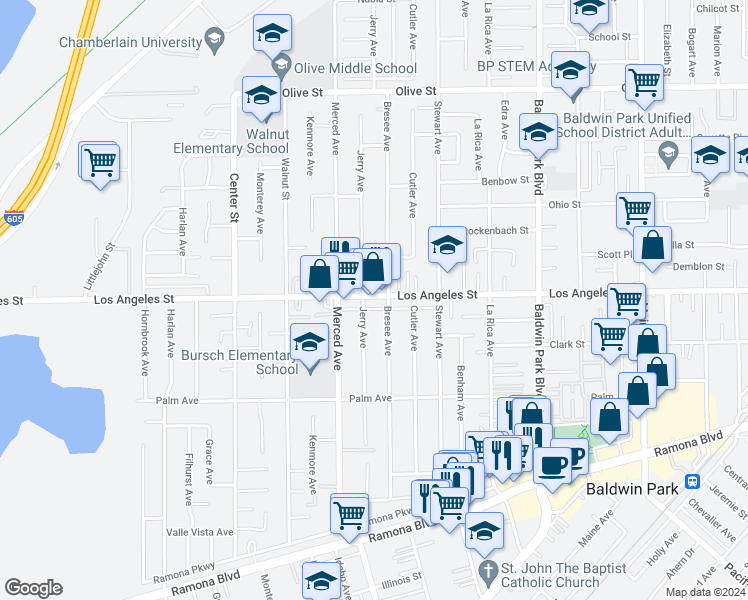 map of restaurants, bars, coffee shops, grocery stores, and more near 13848 Los Angeles Street in Baldwin Park