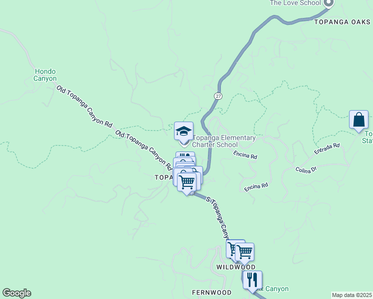 map of restaurants, bars, coffee shops, grocery stores, and more near 141 North Topanga Canyon Boulevard in Topanga