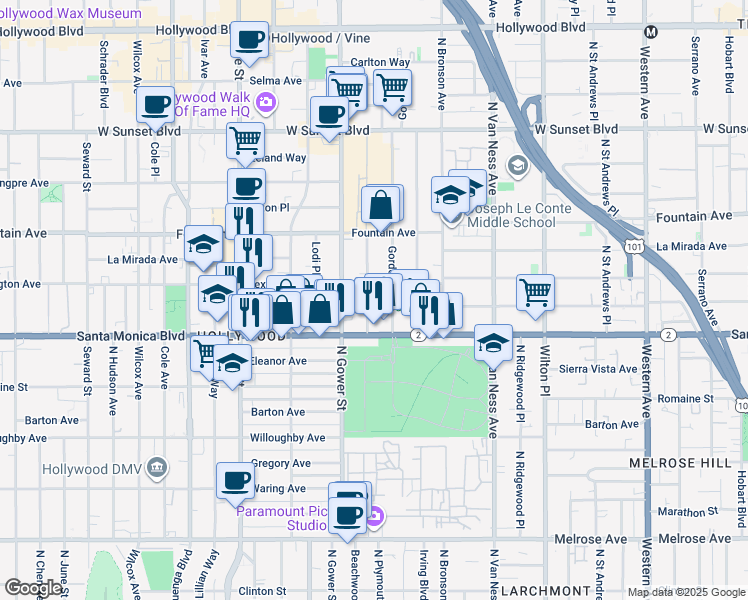 map of restaurants, bars, coffee shops, grocery stores, and more near 1142 North Beachwood Drive in Los Angeles