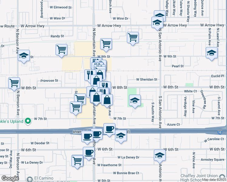 map of restaurants, bars, coffee shops, grocery stores, and more near 211 Grayson Way in Upland