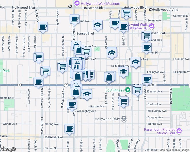 map of restaurants, bars, coffee shops, grocery stores, and more near 6650 Lexington Avenue in Los Angeles
