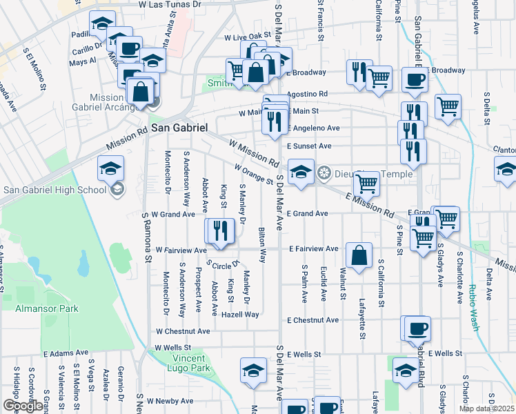 map of restaurants, bars, coffee shops, grocery stores, and more near 825 Bilton Way in San Gabriel