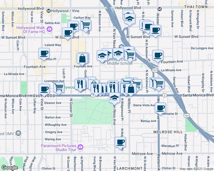 map of restaurants, bars, coffee shops, grocery stores, and more near 5831 Virginia Avenue in Los Angeles