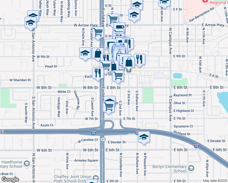 map of restaurants, bars, coffee shops, grocery stores, and more near 222 South 1st Avenue in Upland