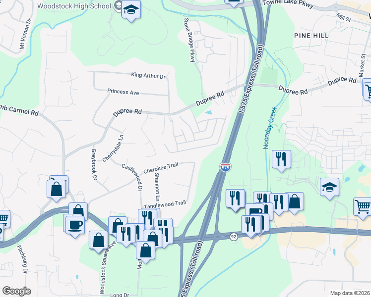 map of restaurants, bars, coffee shops, grocery stores, and more near 692 Stickley Oak Way in Woodstock