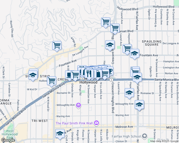 map of restaurants, bars, coffee shops, grocery stores, and more near 1200 North Sweetzer Avenue in West Hollywood