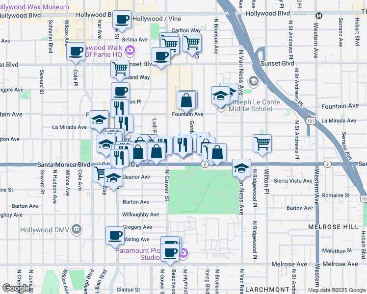 map of restaurants, bars, coffee shops, grocery stores, and more near 1140 North Beachwood Drive in Los Angeles