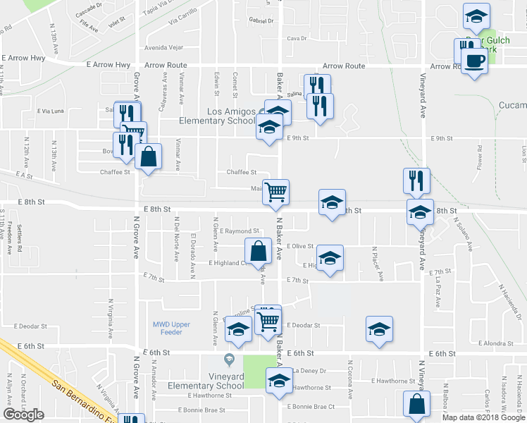 map of restaurants, bars, coffee shops, grocery stores, and more near 1550 East 8th Street in Ontario