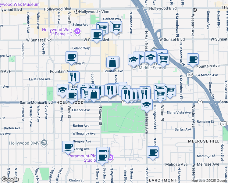map of restaurants, bars, coffee shops, grocery stores, and more near Gordon Street in West Hollywood