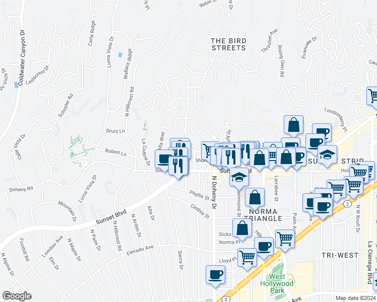 map of restaurants, bars, coffee shops, grocery stores, and more near 1190 Sunset Hills Road in Los Angeles