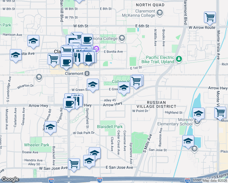 map of restaurants, bars, coffee shops, grocery stores, and more near 188 East Green Street in Claremont