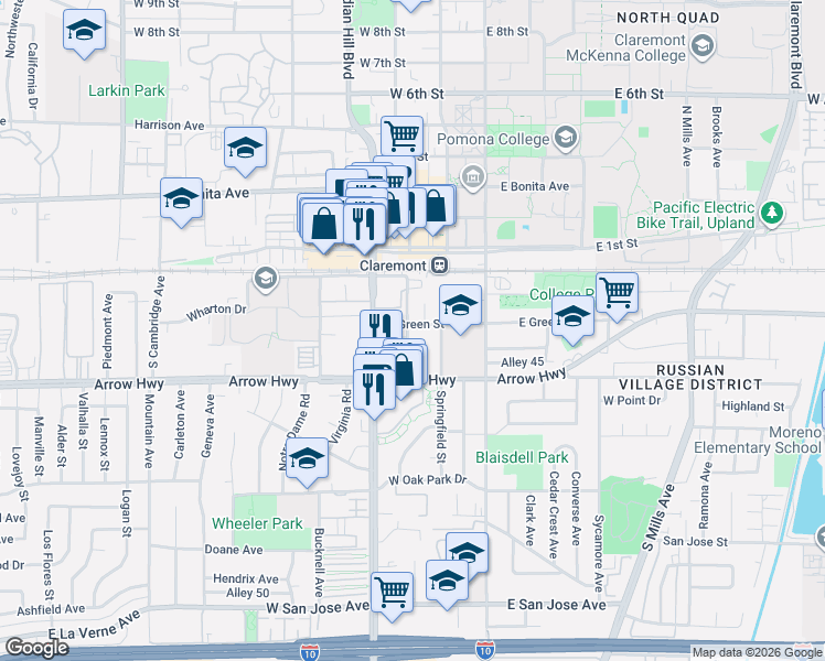 map of restaurants, bars, coffee shops, grocery stores, and more near 328 West Green Street in Claremont