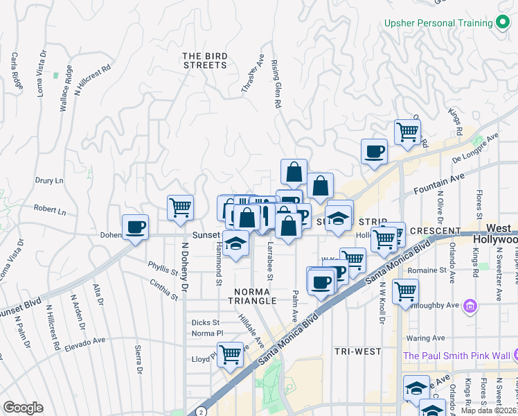 map of restaurants, bars, coffee shops, grocery stores, and more near 1148 North Clark Street in West Hollywood
