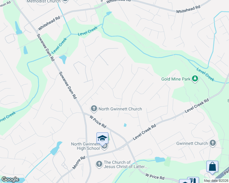 map of restaurants, bars, coffee shops, grocery stores, and more near 5027 Bethpage Drive Northeast in Suwanee
