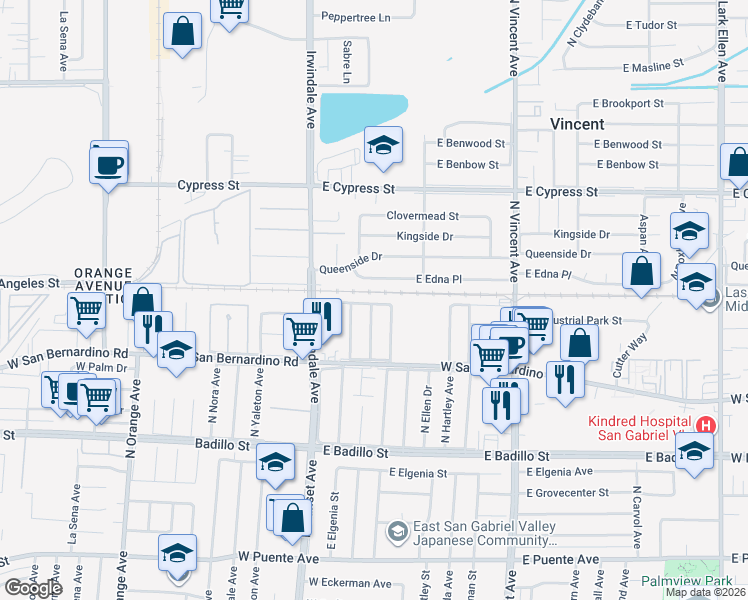 map of restaurants, bars, coffee shops, grocery stores, and more near 16103 East Ballentine Place in Covina