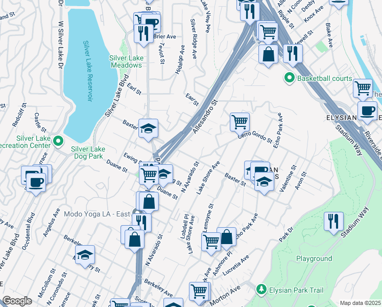 map of restaurants, bars, coffee shops, grocery stores, and more near 2121 Baxter Street in Los Angeles