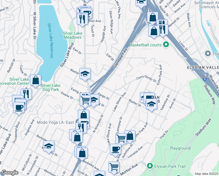 map of restaurants, bars, coffee shops, grocery stores, and more near 2121 Baxter Street in Los Angeles