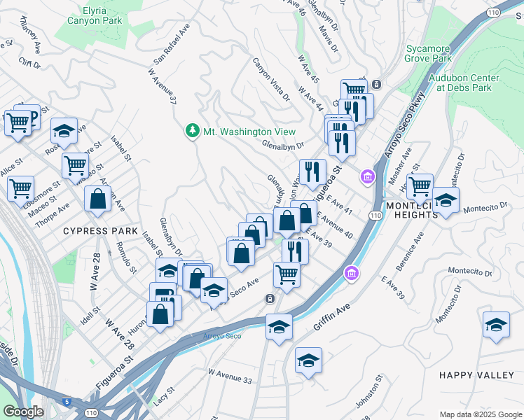 map of restaurants, bars, coffee shops, grocery stores, and more near 3869 Glenalbyn Drive in Los Angeles