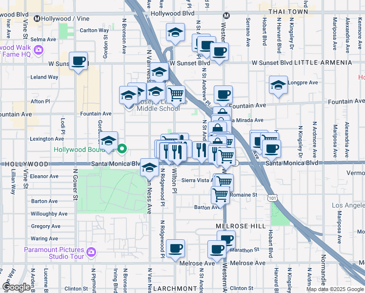 map of restaurants, bars, coffee shops, grocery stores, and more near 5657 Virginia Avenue in Los Angeles