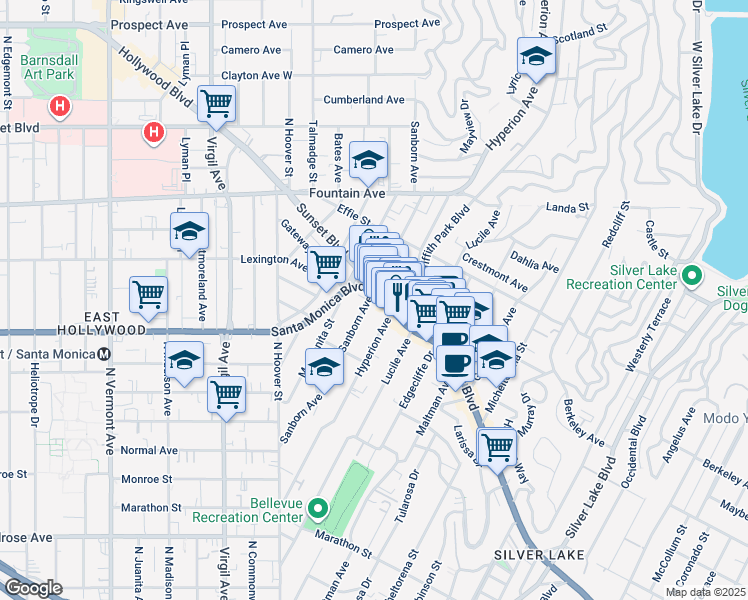 map of restaurants, bars, coffee shops, grocery stores, and more near 1/2 Sunset Boulevard in Los Angeles