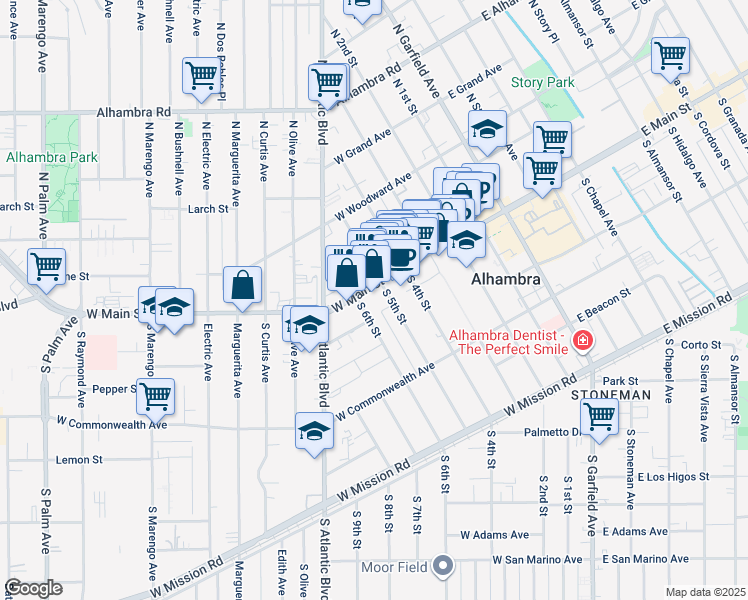 map of restaurants, bars, coffee shops, grocery stores, and more near 580 West Main Street in Alhambra