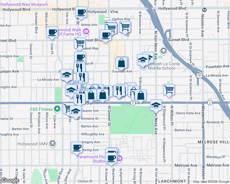 map of restaurants, bars, coffee shops, grocery stores, and more near 1143 Beachwood Drive in Los Angeles