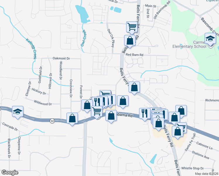 map of restaurants, bars, coffee shops, grocery stores, and more near 1216 Siesta Lane in Acworth