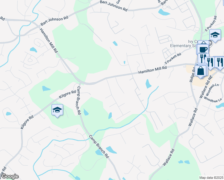map of restaurants, bars, coffee shops, grocery stores, and more near 3383 Old Oaks Road in Buford