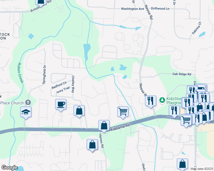 map of restaurants, bars, coffee shops, grocery stores, and more near 136 Creekview Drive in Woodstock