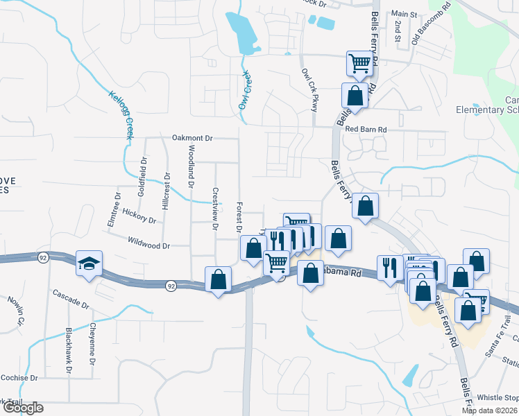 map of restaurants, bars, coffee shops, grocery stores, and more near 1300 Spring Lane in Acworth