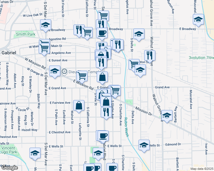 map of restaurants, bars, coffee shops, grocery stores, and more near 836 South San Gabriel Boulevard in Rosemead