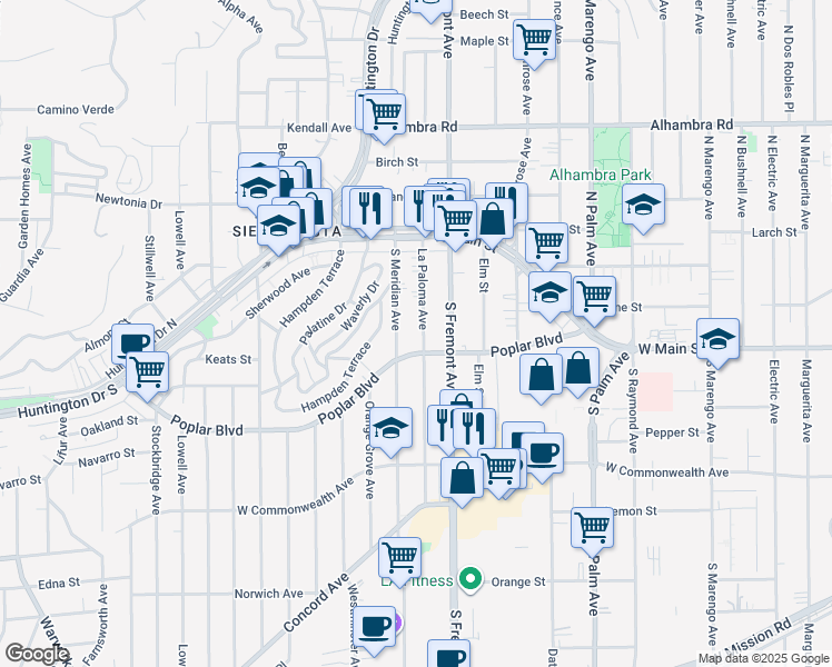 map of restaurants, bars, coffee shops, grocery stores, and more near 221 La Paloma Avenue in Alhambra