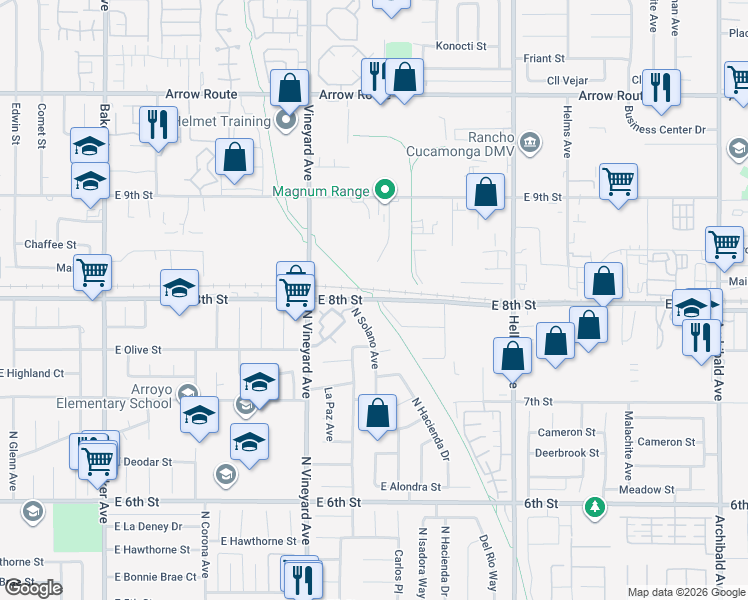 map of restaurants, bars, coffee shops, grocery stores, and more near 9109 East 8th Street in Rancho Cucamonga