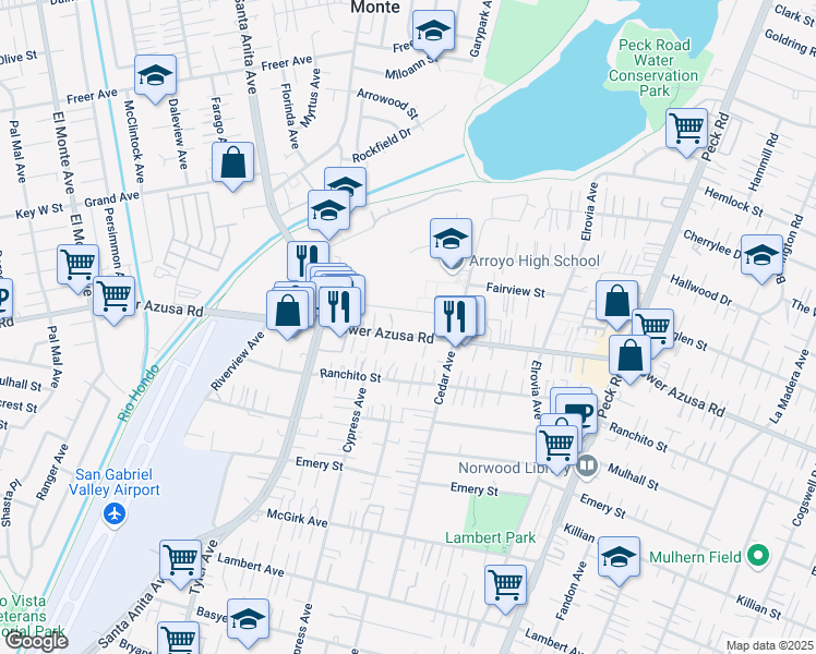 map of restaurants, bars, coffee shops, grocery stores, and more near 11141 Lower Azusa Rd in El Monte