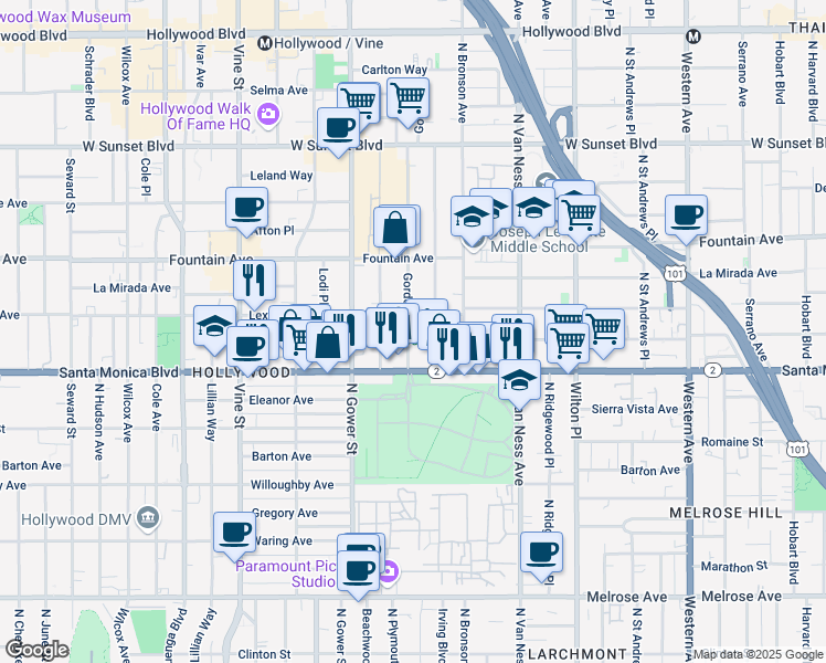 map of restaurants, bars, coffee shops, grocery stores, and more near 1144 Gordon Street in Los Angeles