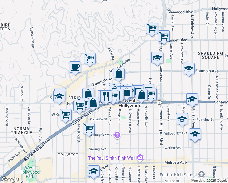 map of restaurants, bars, coffee shops, grocery stores, and more near 1210 North Kings Road in West Hollywood