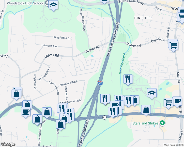 map of restaurants, bars, coffee shops, grocery stores, and more near 665 Stickley Oak Way in Woodstock