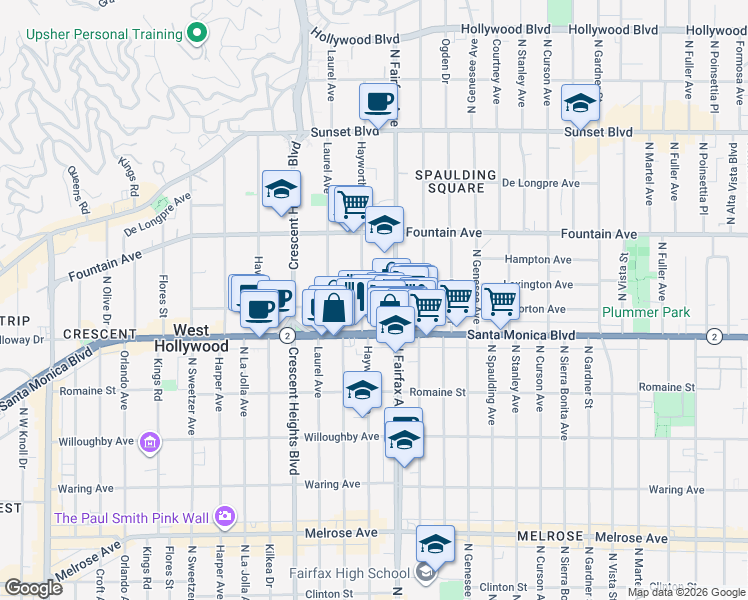 map of restaurants, bars, coffee shops, grocery stores, and more near 7911 Norton Avenue in West Hollywood