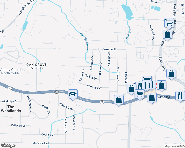 map of restaurants, bars, coffee shops, grocery stores, and more near 5666 Goldfield Drive in Acworth